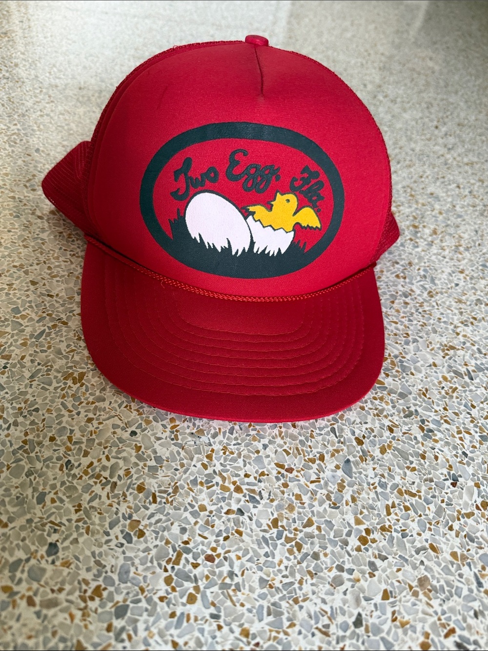 Vintage Red Trucker Hat with Chick & Egg Graphic
